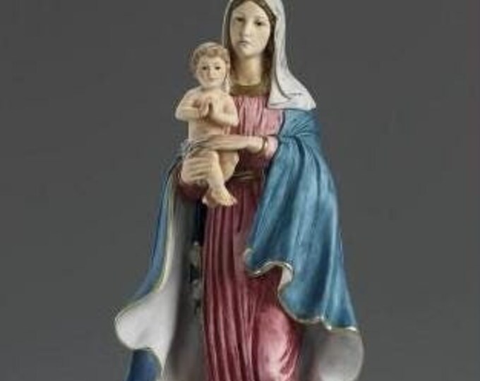 Statue of the Madonna with baby Jesus, cm 67 (26.37 inches) in alabaster powder, wooden base, hand decorated, made in Italy