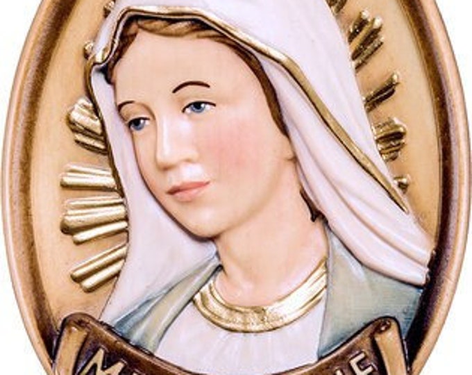 Medal of Our Lady of Medjugorje carved in wood from Valgardena and decorated by hand of Italian artisan production