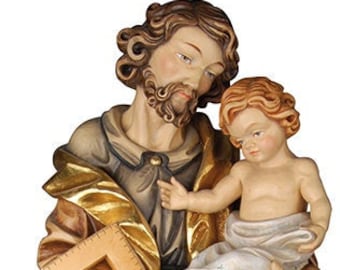 Statue of Saint Joseph with baby Jesus carved in Valgardena wood and hand-decorated, Italian artisan production.