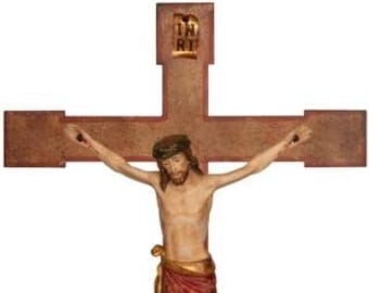 Classic crucifix on a Romanesque cross, carved in Valgardena wood, decorated by hand, various sizes, Italian production