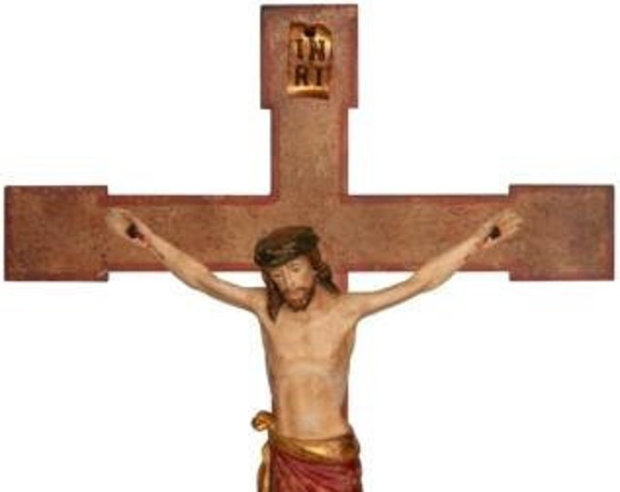 Classic crucifix on a Romanesque cross, carved in Valgardena wood, decorated by hand, various sizes, Italian production