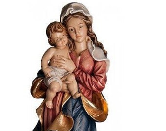 Statue of the Madonna on the cloud with baby Jesus, carved in Valgardena wood, hand decorated, Italian artisan production