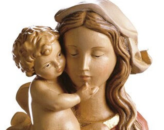 Sculpture of the Madonna and Child to hang carved in wood of Valgardena hand-decorated of Italian craftsmanship