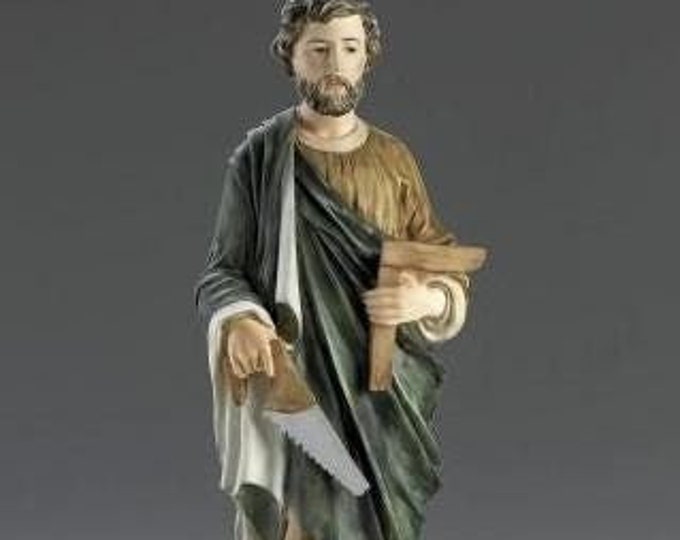 Statue of Saint Joseph the Worker cm 62 (24.40 inches) in alabaster powder, wooden base, hand decorated, made in Italy