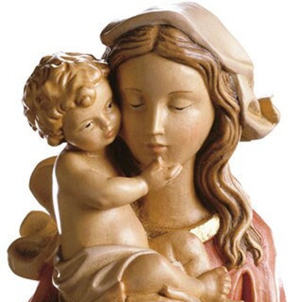 Scultura della Madonna con bambino da appendere scolpita in legno della Valgardena decorata a mano di produzione artigianale italiana
