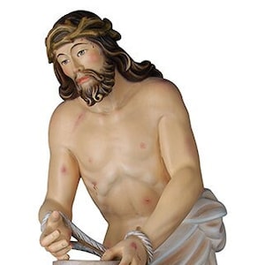 Estatua de Jesucristo siendo flagelado, tallada en madera de Valgardena y decorada a mano, producción artesanal italiana