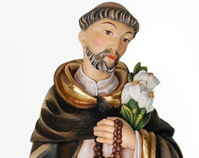 Statue of San Domenico with dog, carved in hand-decorated Val Gardena wood of Italian artisan production