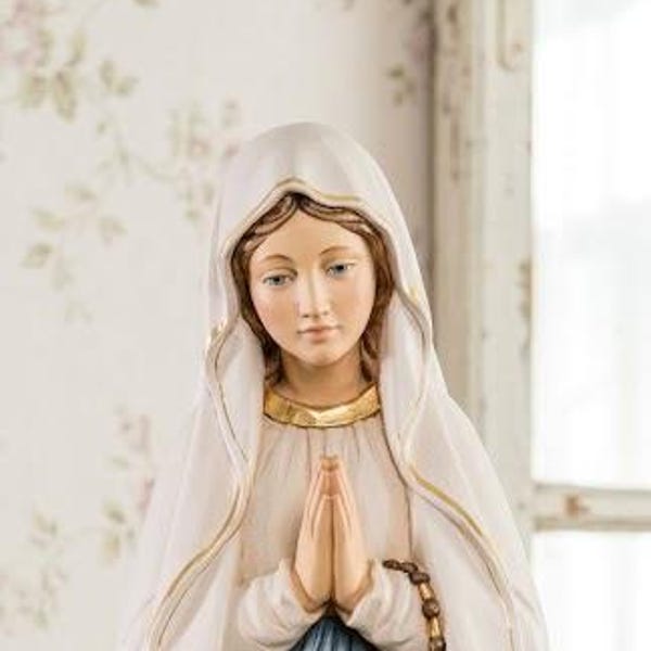 Statue of Our Lady of Lourdes carved from Valgardena wood and hand-decorated, handcrafted in Italy.