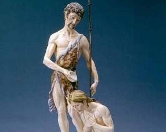 Statue of St. John the Baptist cm 53 (20.86 inches) in alabaster powder, wooden base, hand decorated, made in Italy