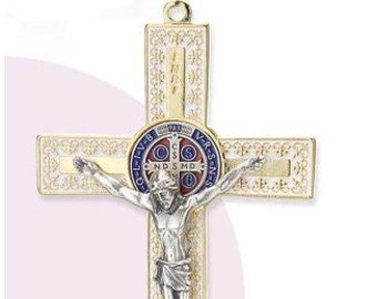 Crucifix of Saint Benedict of Nursia, in colored metal, 18.5 cm (7.28 inches), various colors available, made in Italy