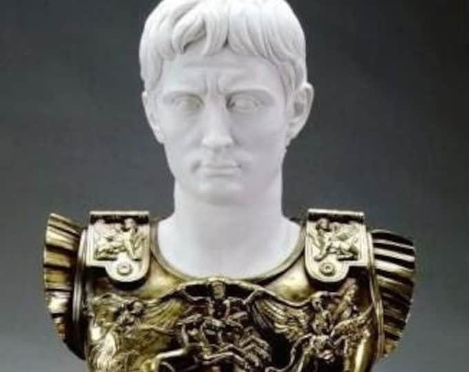 Classical sculpture " Bust of Caesar Augustus " in alabaster powder, marble base, cm 42 x 64 (16.53 x 25.19 inch) Made in Italy