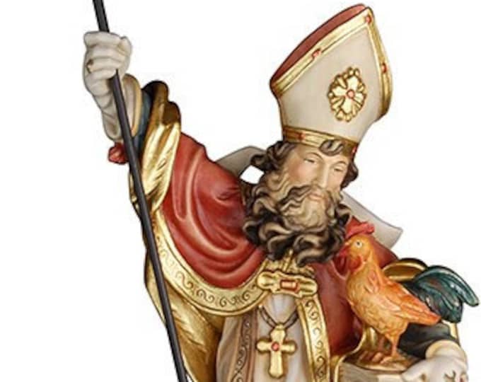Statue of St. Valentine with rooster, carved in Valgardena wood and hand decorated, Italian artisan production