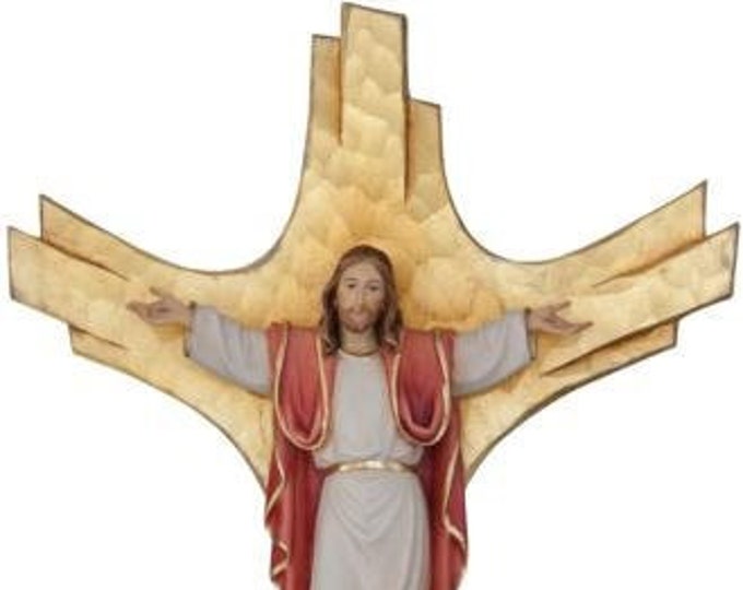 Crucifix cross of the Risen Christ, carved in Valgardena wood and decorated by hand, various sizes, of Italian artisan production