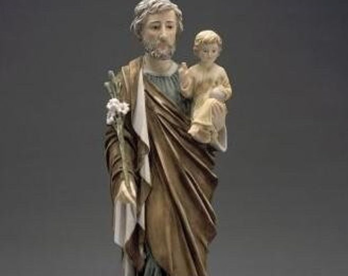 Statue of Saint Joseph with baby Jesus cm 62 (24.40 inches) in alabaster powder, wooden base, hand decorated, made in Italy