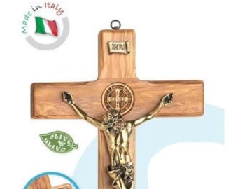 Crucifix with holy water stoup, in olive wood and bronze body, various sizes available, of Italian artisan production