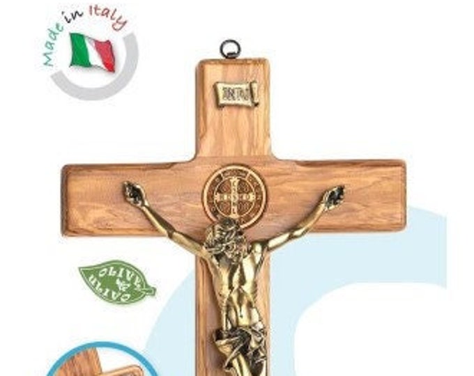 Crucifix with holy water stoup, in olive wood and bronze body, various sizes available, of Italian artisan production