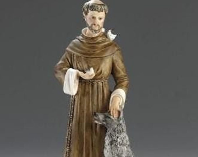 Statue of Saint Francis of Assisi cm 60 (23.62 inches) in alabaster powder, wooden base, hand decorated, made in Italy