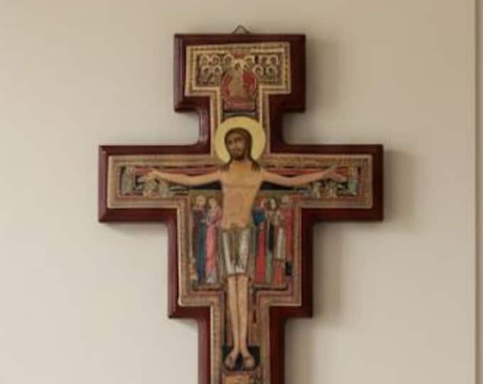 San Damiano cross crucifix, made of wood, handcrafted in Italy, available in various sizes.