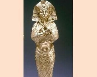 Classical Egyptian Art Sculpture "Mummy of Akhenaton", cm 30 (11.81 inch) hand-decorated alabaster powder, marble base, made in Italy