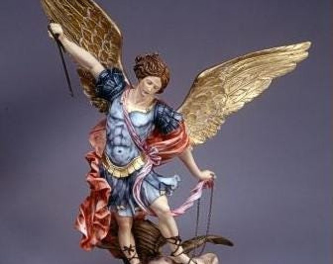 Statue of Saint Michael the Archangel cm 103 (40.55 inches) in alabaster powder, wooden base, hand decorated, made in Italy