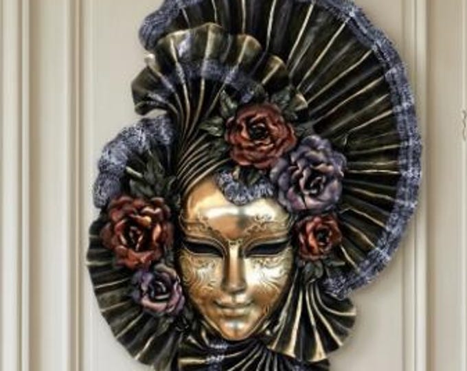 Venetian Peony Mask, 29 cm (11.41 inches) in bronzed resin marble, handcrafted