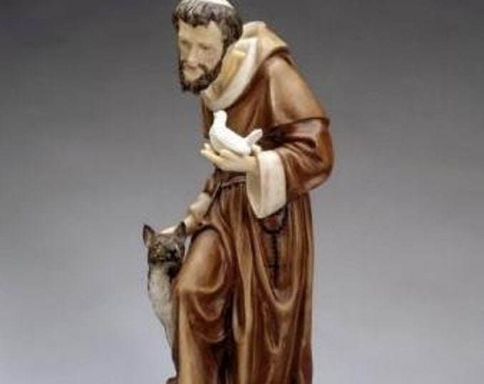 Statue of Saint Francis of Assisi cm 43 (16.92 inches) in alabaster powder, wooden base, hand decorated, made in Italy