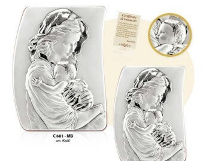 Wooden picture with silver plaque of the Madonna with baby Jesus, various sizes available, of Italian artisan production