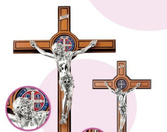 Crucifix cross of St. Benedict of Norcia, in wood and enamelled medal, to hang or to support, of Italian artisan production