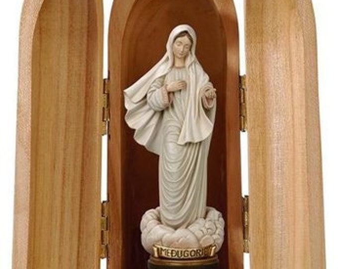 Statue of Our Lady of Medjugorje with niche, carved in wood of Valgardena decorated by hand of Italian production