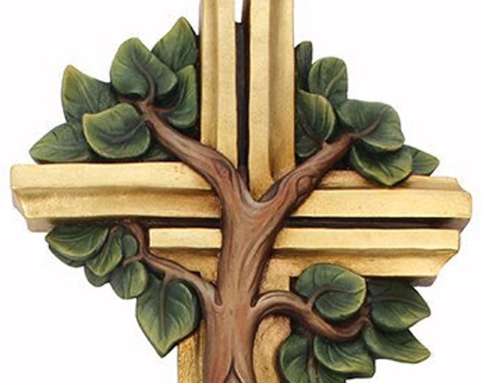 Crucifix Cross Tree of Life, carved in Valgardena wood and hand decorated, various sizes, handcrafted in Italy