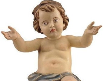 Baby Jesus sculpture statue, carved from Valgardena wood and hand-decorated, Italian artisan production.