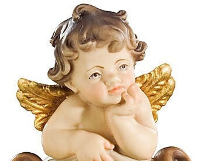 Holy water stoup with angel, carved in Valgardena wood decorated by hand with oil and gold leaf colors, of Italian production