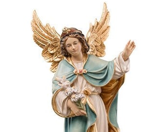 Statue of Saint Raphael the Archangel with fish, carved from Valgardena wood and hand-decorated, artisanally produced in Italy.