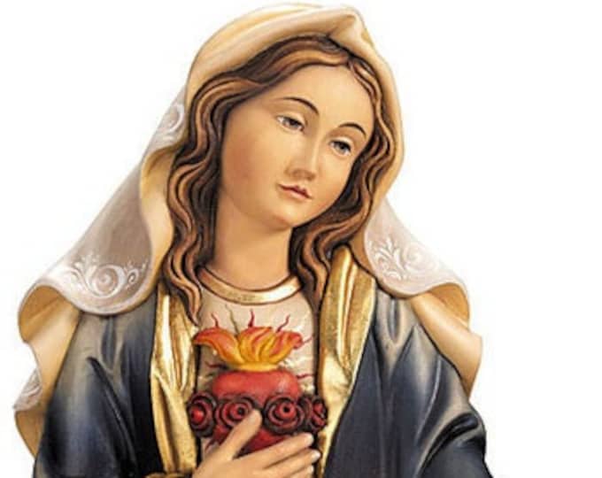 Sculpture of the Sacred Heart of Mary to hang carved in wood from Valgardena decorated by hand of Italian artisan production