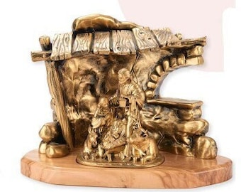 Complete nativity nativity scene 21.5 x 13 cm (8.46 x 5.11 inches) in hand-decorated resin with bonze finish, Italian artisan production