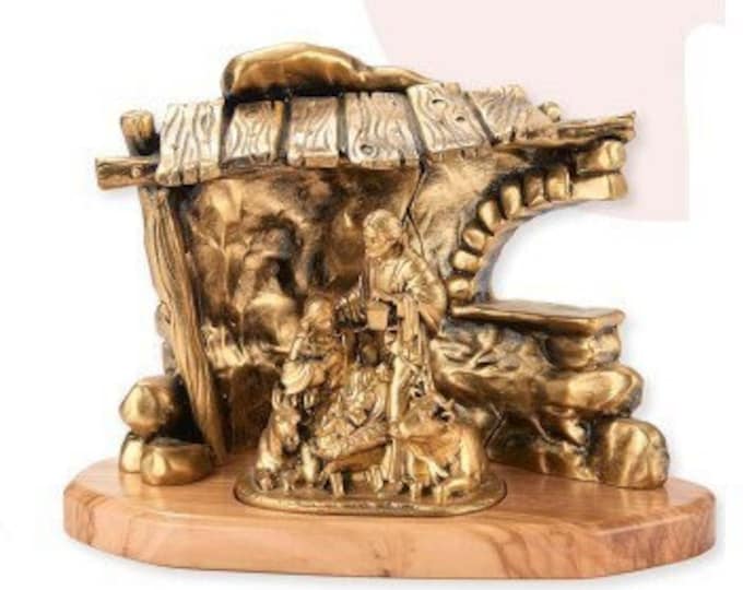 Complete nativity nativity scene 21.5 x 13 cm (8.46 x 5.11 inches) in hand-decorated resin with bonze finish, Italian artisan production