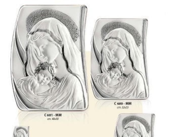 Wooden picture with silver plaque of the Madonna with baby Jesus, various sizes available, of Italian artisan production
