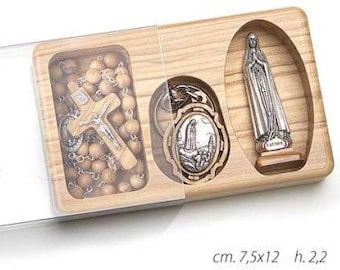 Rosary key ring and statue of Our Lady of Fatima, with deluxe case in national olive wood of Italian artisan production
