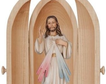 Statue of Merciful Jesus with niche, carved in wood from Val Gardena and hand decorated of Italian artisan production