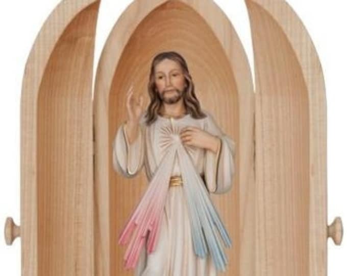 Statue of Merciful Jesus with niche, carved in wood from Val Gardena and hand decorated of Italian artisan production