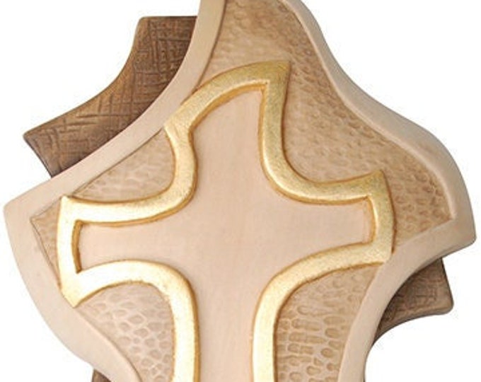 Holy water stoup of hope, carved in Valgardena wood decorated by hand with gold leaf oil colors, of Italian production
