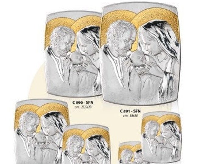 Wooden picture with silver plate with gold inserts, Holy Family, Jesus or Madonna, various sizes, of Italian artisan production