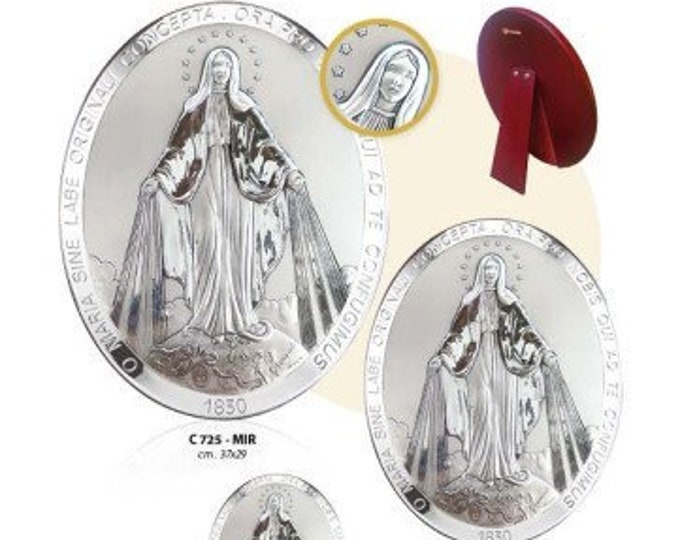 Wooden picture with oval silver plaque of the Miraculous Madonna, various sizes available, of Italian artisan production