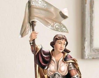 Statue of Saint Joan of Arc carved from Valgardena wood and hand-decorated, handcrafted in Italy.