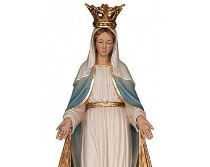 Statue of the Madonna delle Grazie with crown and rays carved in Valgardena wood and decorated by hand, of Italian artisan production
