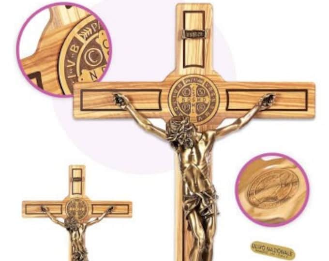 Crucifix of St. Benedict of Norcia, in olive wood and resin body, to hang or to be supported, of Italian artisan production