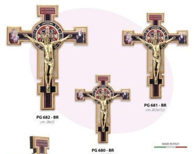Crucifix cross of St. Benedict of Nursia, in birch wood and body in bronzed metal, various sizes, Italian handicraft production
