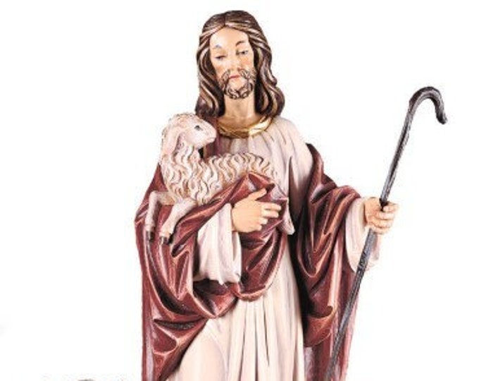 Statue of Jesus the Good Shepherd with sheep, carved in Valgardena wood and hand-decorated, of Italian artisan production