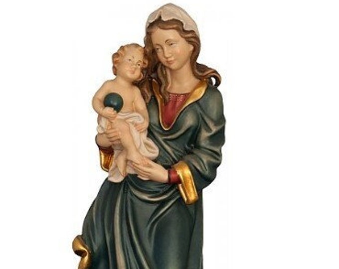 Statue of the baroque Madonna with baby Jesus, carved in Valgardena wood, hand decorated, Italian artisan production