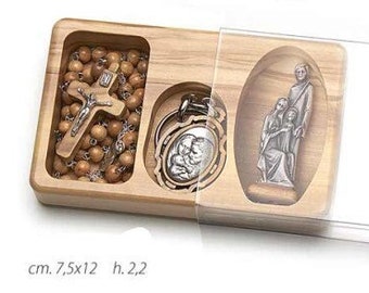 Rosary key ring and statue of the Holy Family, with deluxe case in national olive wood of Italian artisan production